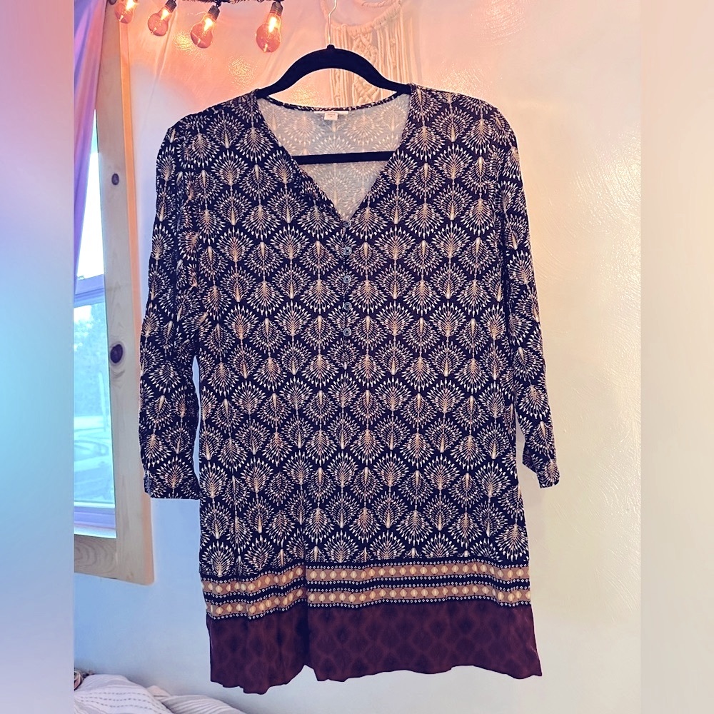 ⭐️J.JILL Geometric Border Print Medallion 3/4 Sl. Shirt, Sz.M, Rayon/Tencel Mix👀